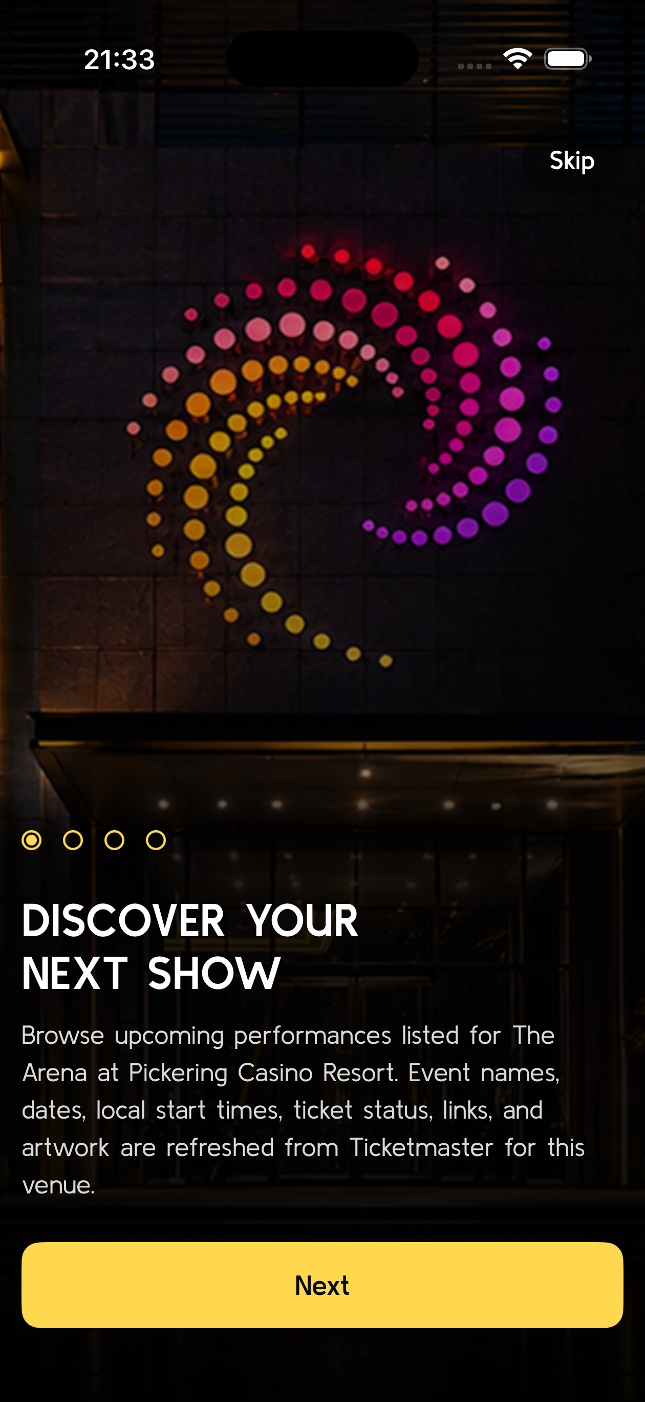 Pickering Casino Weekevents onboarding screen introducing upcoming performances at The Arena at Pickering Casino Resort