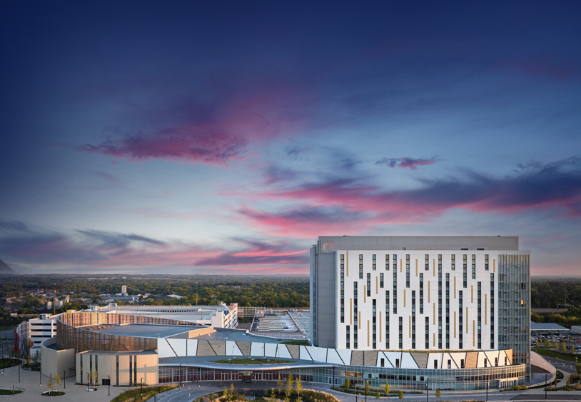Exterior view of Pickering Casino Resort at dusk